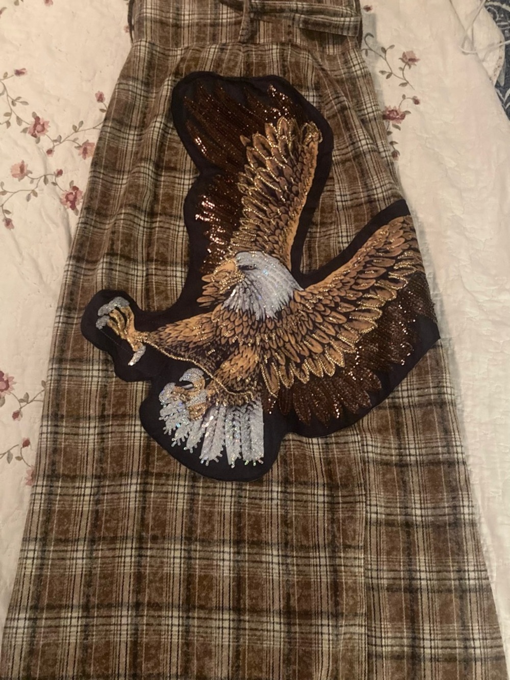 Dressed in LALA Brown Plaid Maxi Skirt with Embroidered Eagle Patch